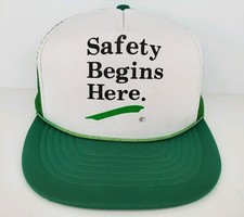 Vintage "Safety Begins Here" Green White One Size Adult SnapBack Trucker Hat EUC