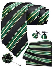 3.15"  8cm  Mens Stripe Tie and Lapel Pin Black / Emerald Green / Yellow