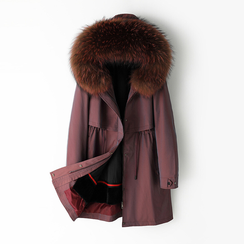 Womens Real Fox Fur Collar Mid Long Parka Rex Rabbit Fur Lined