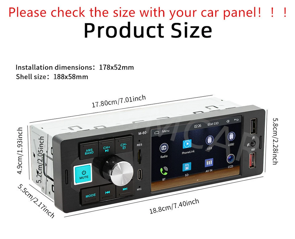 Reproductor de MP5 para automóvil 1 Din pantalla táctil de 4,1 pulgadas para Apple CarPlay USB tipo C carga BT Foto 2 de 4