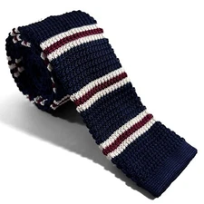 Navy Blue Striped Knitted Tie (Handmade)