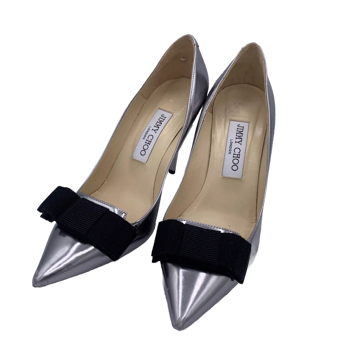 Jimmy Choo Heels Size 37 Uk Black Bow On Silver Shiny Leather