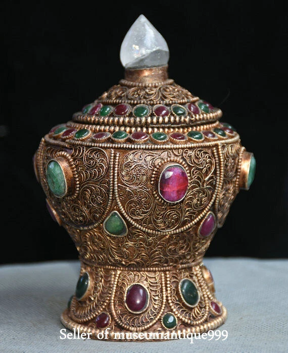 Tarro tarro olla de ofrenda templo religión filigrana cristal del Tíbet antiguo de 5,2" Foto 2 de 4