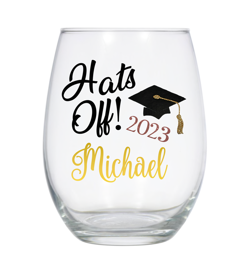 Personalized Wine Glass for Graduation Gift, Hats Off Glass, College Gift