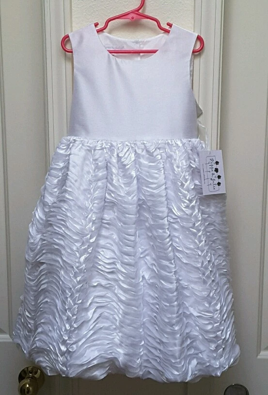 Pippa & Julie Girl's Solid White Satin Ruffle Fanciful Bubble Dress-Size-8