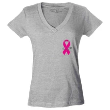 Breast Cancer Ribbon Pin Women's V-Neck Shirt Awareness Support Tee