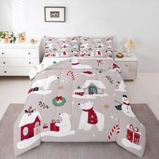 Christmas Decor Quilt Bear Snowman Comforter Set with 1 Pillow Case Merry Xma...