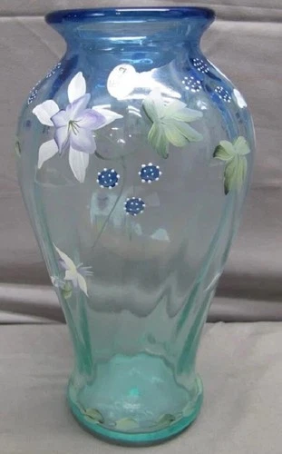 1999 Signed Fenton L Everson Hand Painted Blue Glass Tranquility Vase #2215