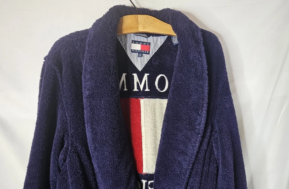 ​Albornoz Tommy Hilfiger Vintage Años 90 Azul Marino Terry Tela L/XL Logo Bandera Acogedor Foto 2 de 4