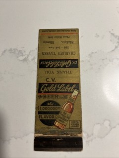 Gold Label Beer Charlie’s Tavern Moline Illinois Vintage Matchbook Cover
