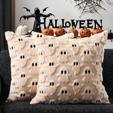 Halloween Pillow Covers 16x16 inch 2Pcs Beige Ghost Plush Faux Fur Wool