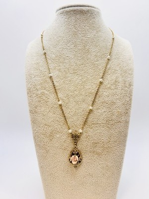 Vintage Victorian Revival Pink Rosebud Pendant Filigree Faux Pearl Necklace 16 