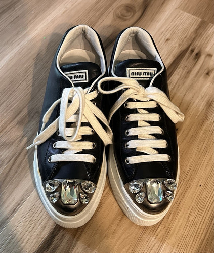 Miu Miu Leather Low-Top Lace-Up Sneakers Black/White Crystal Toe