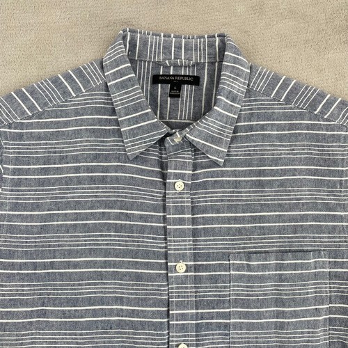 Banana Republic Shirt Men Large Grey Striped Linen Blend Chambray Short Sleeve
