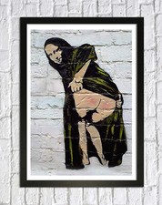 BANKSY MOONA MONA LISA - CANVAS/FRAMED WALL ART PICTURE PRINT - CREAM & BLACK