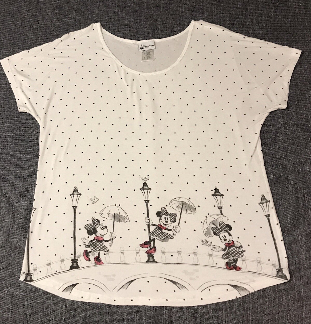 Disney Parks Minnie Mouse Shirt Top Umbrella Light Pole Dancing Women XL  Polka
