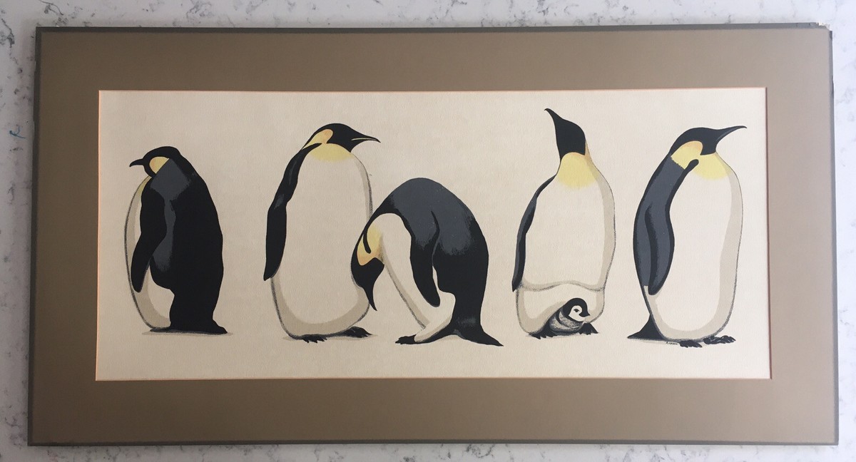 GROUP OF PENGUINS ORIGINAL ARTIST SIGNED MIXED MEDIA PAINTING