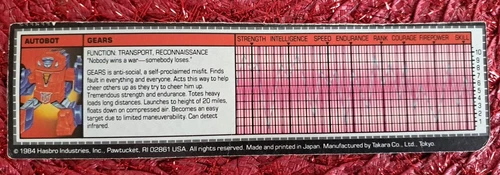 original 1984 G1 Transformers GEARS Tech Spec Card