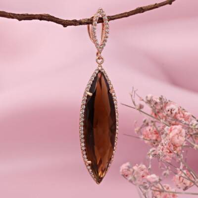 Pendant Drop Smoky Quartz Smoky Topaz and CZ Sterling Silver 925 Gold Plated New