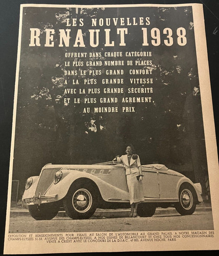 French 1938 Renault Roadster - Vintage Original Automotive Print Ad / Wall Art
