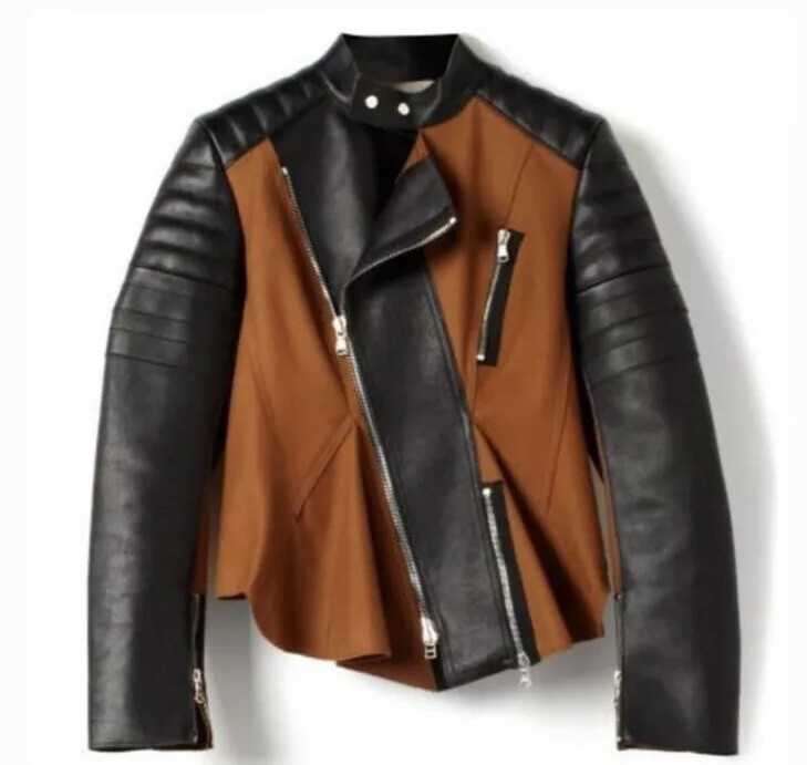 3.1 Phillip Lim レディース新品革製のモーターサイクルジャケット Phillip Lim 3.1 Women's Brown & Black Zip Up Lamb Leather Moto