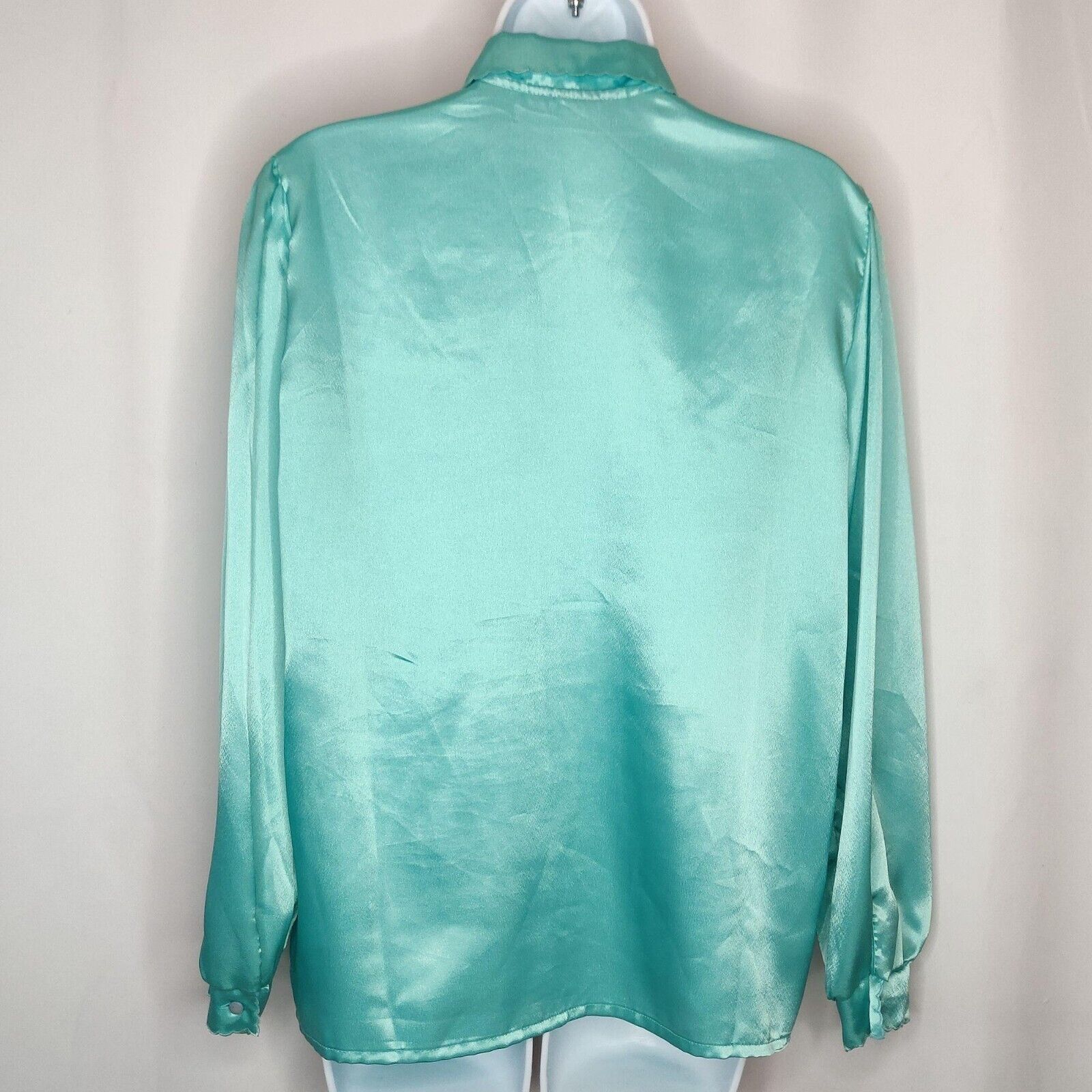 Vintage Satin Blouse Puff Sleeve Sz M Green Embroidered Beaded Scallop ...