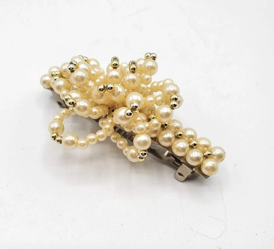 Clip de boda vintage Barrett dorado blanco imitación perla pelo tono plateado 3,25" Foto 4 de 4