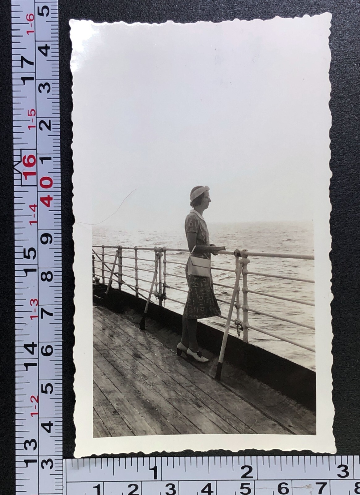 Woman Day Dreaming Ocean Water Cruise Ship Railing Fashion Photo Snapshot Dock