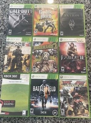 Lot of 9 Xbox 360 Video Games Guitar Hero, COD, Gears, Skyrim, Fable 2 & More
