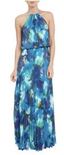 XSCAPE Pleated Blouson Halter Gown Indigo Blue and Gold Foil Snake Chain Sz 6