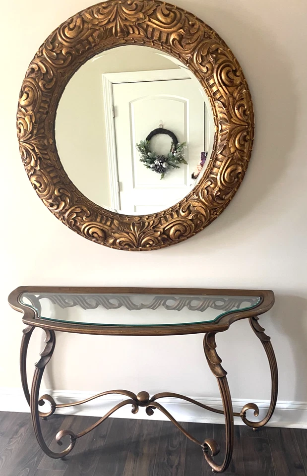 "Consola de hierro decorativa 50"" mesa tapa de vidrio tono bronce con espejo redondo de 40""" Foto 2 de 4