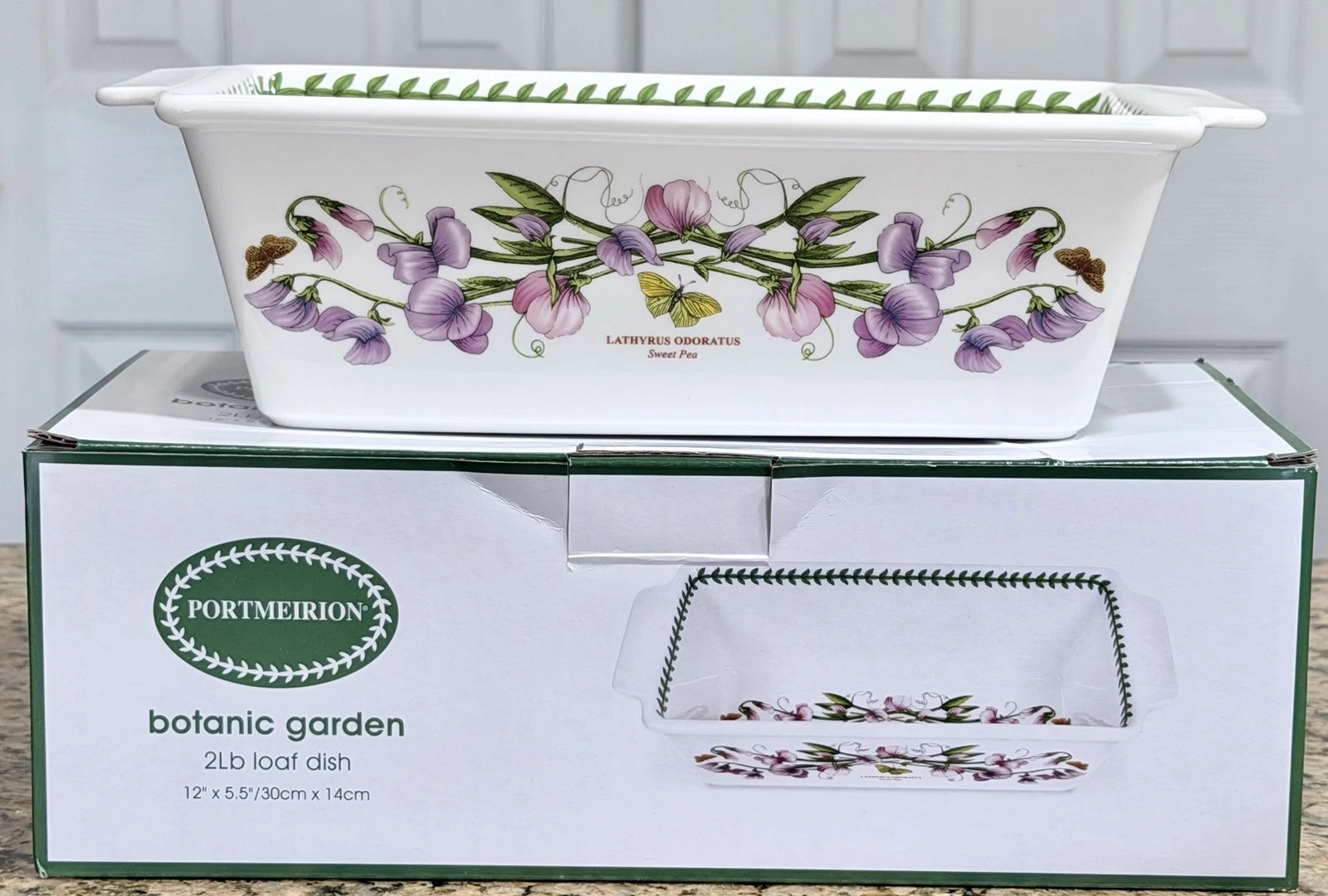 New Boxed Portmeirion Botanic Garden Sweet Pea Loaf Dish 2lb 12” X 5.5”