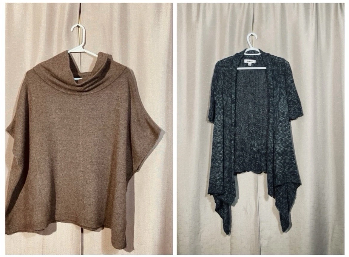 Harper Lane M Brown Cowl-Neck Poncho & Decree M Charcoal Open-Front Shrug GUC
Opens in a new window