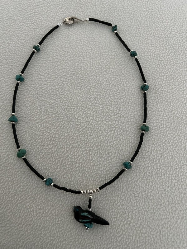 Sterling, Turquoise And Jet Hand Carved Bird Necklace-Matt Mitchell
