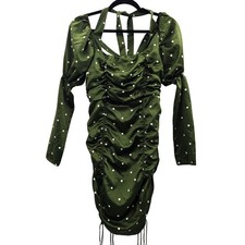For Love Bell Dress Womens Large Green Polka Dot Ruched Long Sleeve Party Retro