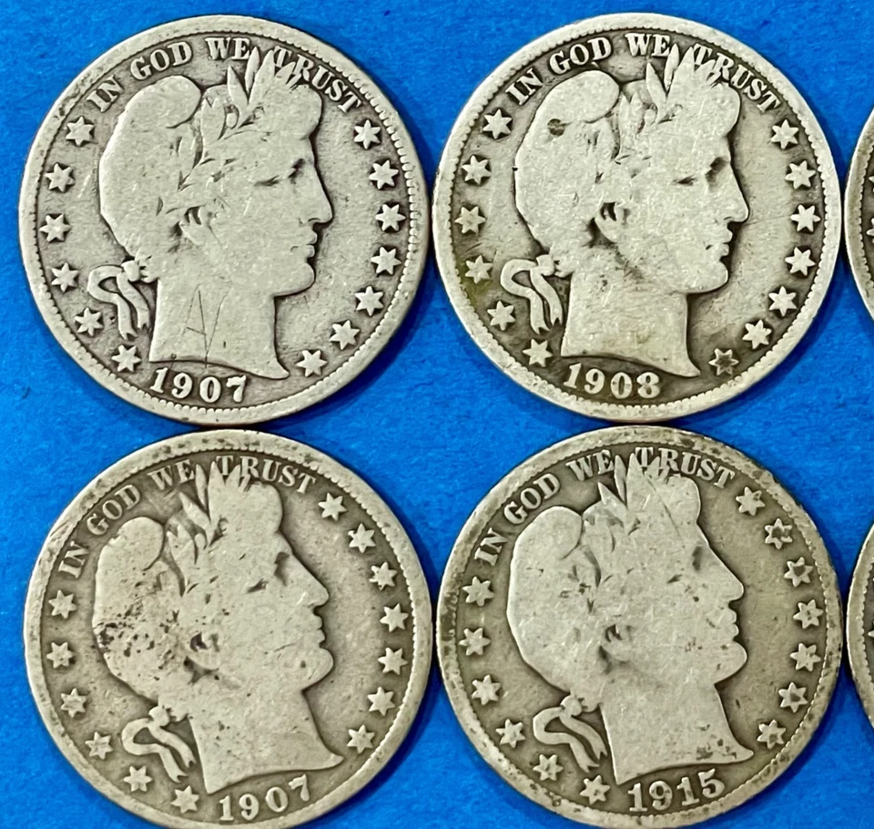 Lote de 10 monedas de medio dólar de plata barbero TODAS LIBERTADES PARCIALES fechadas 1907-1915 Foto 4 de 4