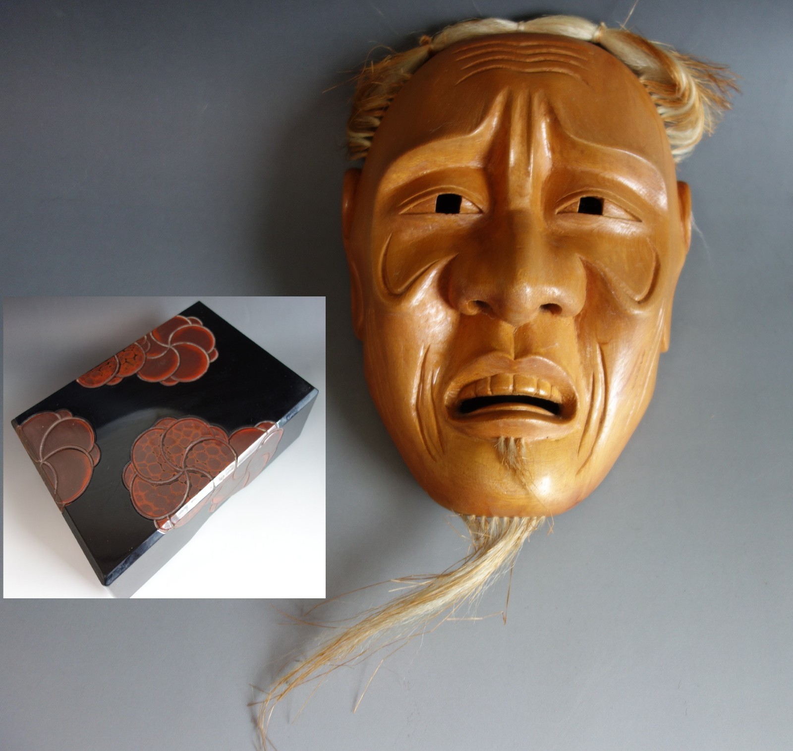 Máscara Noh japonesa Okina anciano presagio de madera barba larga vintage con...