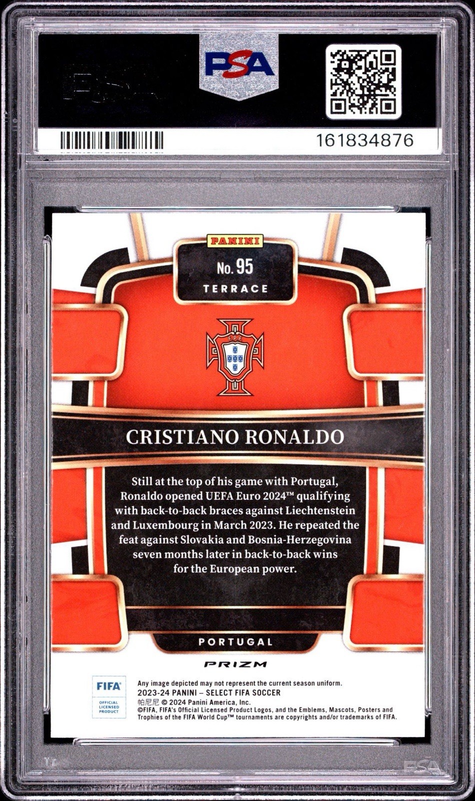 2023-24 Panini Select FIFA Cristiano Ronaldo Purple Mojo Prizm Terrace PSA 10 view 2