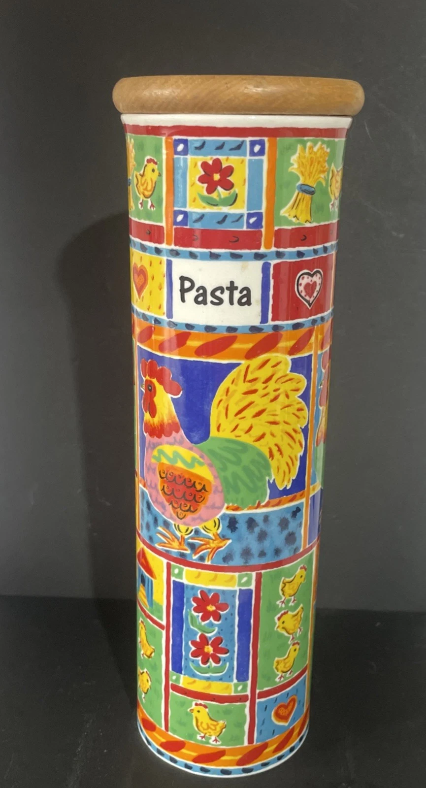 Dunoon Jane Brookshaw Farmyard Chicken Pasta Canister 23cm Tall Beech Wood Lid