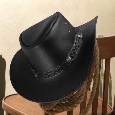 Vintage Leather Cowboy Hat Braided Band Western Style Wide  display picture 1
