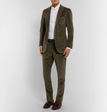 Men Corduroy Suit Olive Green Notch Lapel Stripe Prom Party Tuxedo Casual Suits