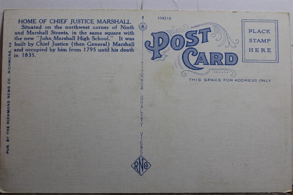 Virginia VA Richmond Chief Justice Marshall Home Postcard Old Vintage