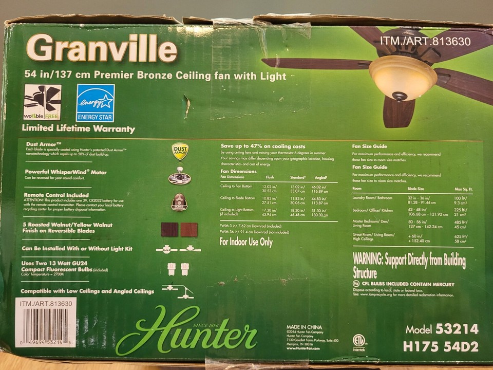New Hunter Granville Ceiling Fan 53214 eBay