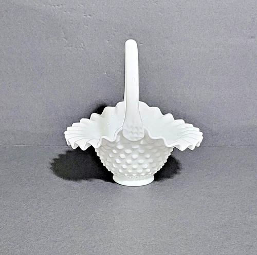 Fenton Milk Glass Hobnail Basket w/ Handle Ruffled Edge 7.5"H Vintage USA Made