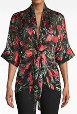 $295 NWT NICOLE MILLER COLLECTION SzS SEA GARDEN SHORT SLEEVE SILK BLOUSE BLACK