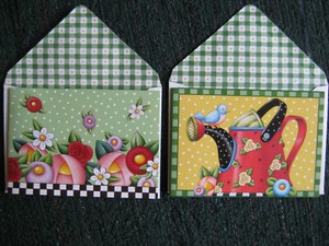2 UNUSED small vintage greeting cards Mary Engelbreit BLANK Watering Can Flowers