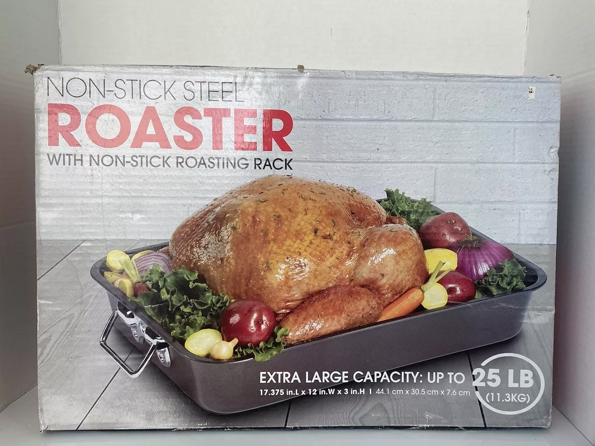 Non-Stick Steel Roaster V-Rack Handles Extra Large 25 lb Capacity