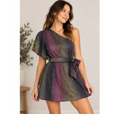 NWT Show Me Your Mumu women's dress Small Rainbow Glitz Stripe One Shoulder Mini