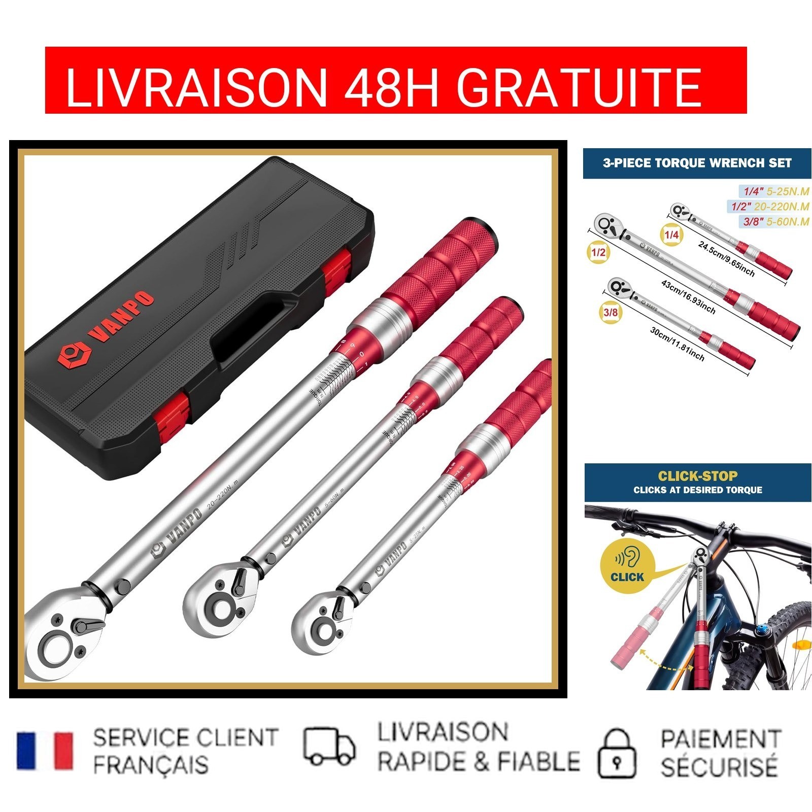 Clé dynamométrique 1/4 3/8 1/2 VANPO coffret de 3 pièces pour serrage précis 5-220Nm