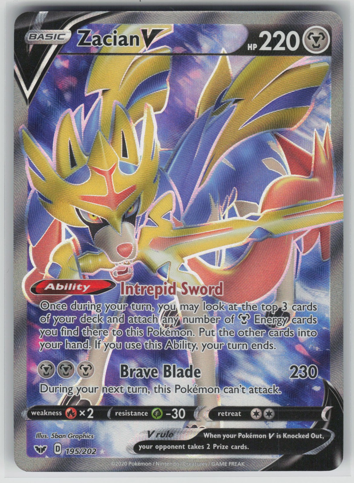 Zacian V Full Art Holo #195/202 Ultra Rare Sword & Shield Base Pokemon TCG